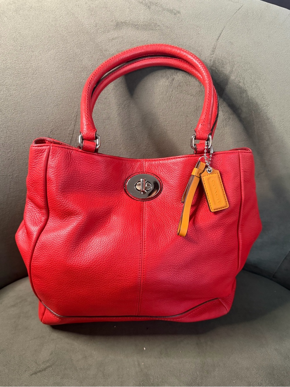 Coach Red Leather Shoulder Tote Bag with Turn-Lock Closure